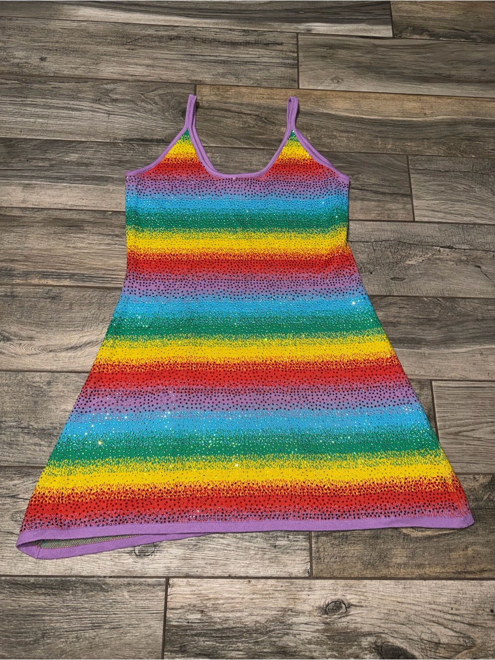 QUEEN OF SPARKLES Rainbow Sequin Striped Tank Dress with Lavender Trim